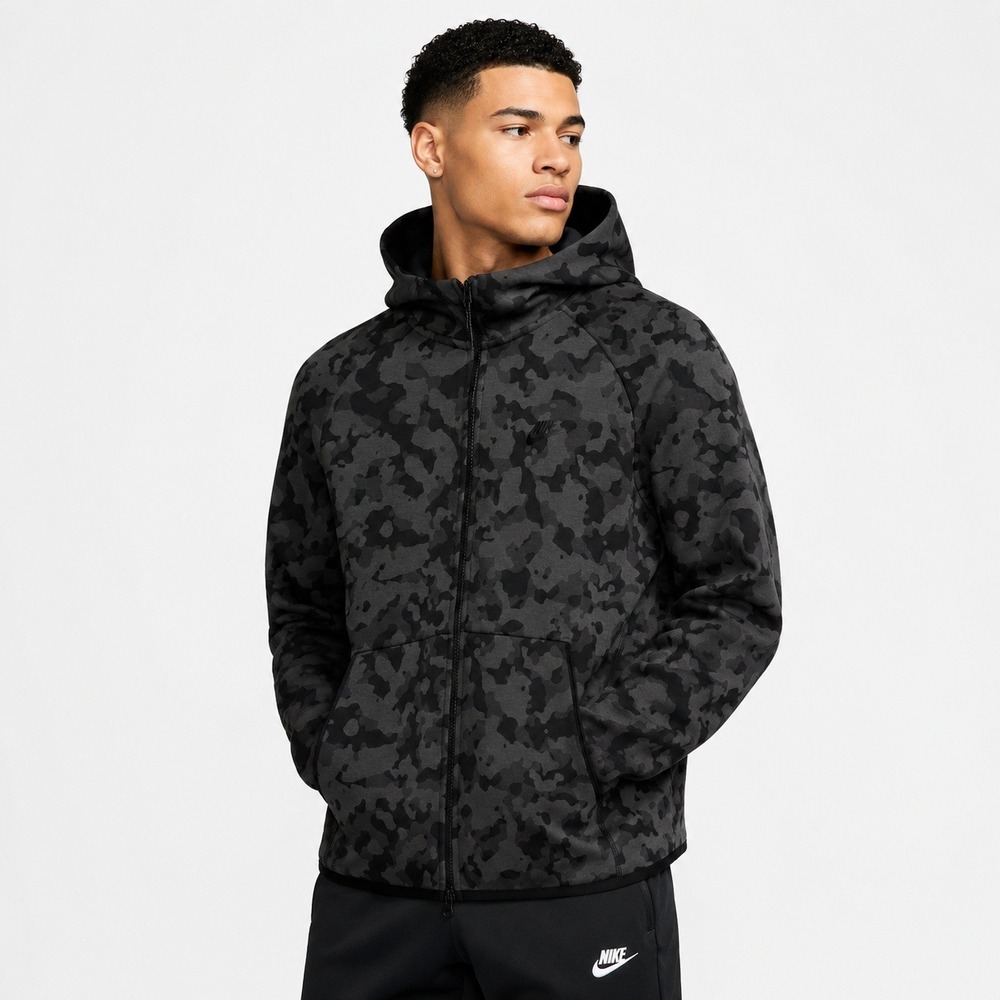 Nike Tech Fleece Camo Full Zip Hoodie Mens Large Grey Black Camouflage Jacket